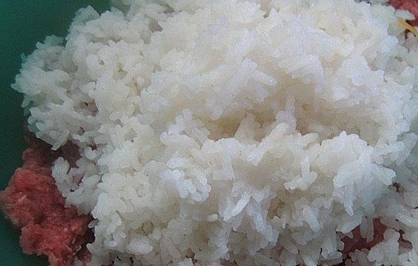 يُمزج اللحم المفروم مع الأرز