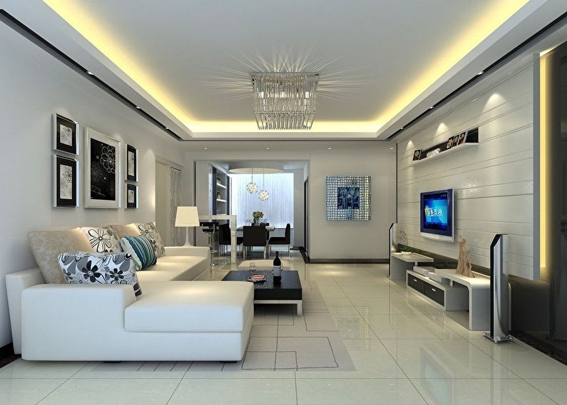 Dizajn stropu zo sadrokartónu v obývacej izbe
