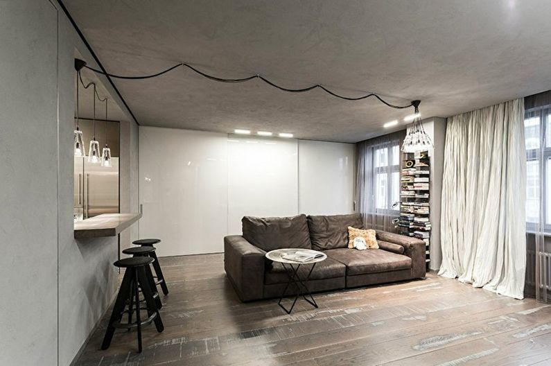 Jednoúrovňový sadrokartónový strop v obývacej izbe
