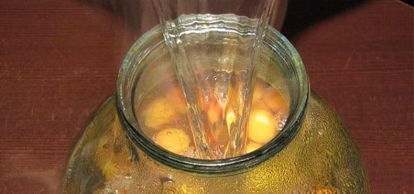 Füllen Sie ein Glas Obst mit kochendem Sirup
