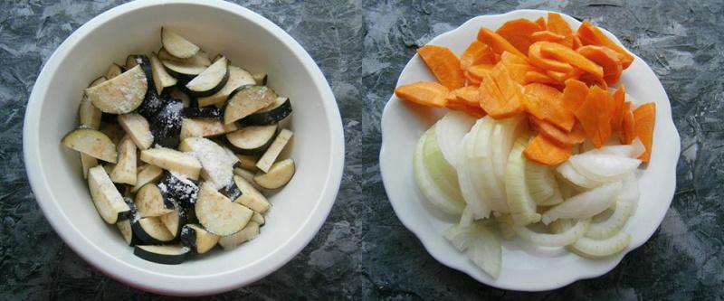 Auberginen, Karotten und Zwiebeln vorbereiten