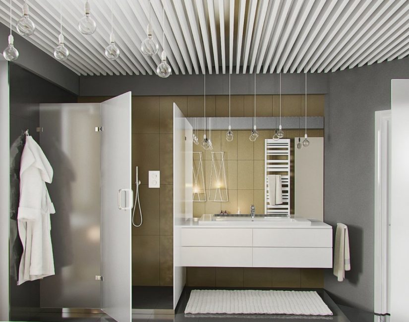 O teto de ripas no banheiro é uma solução funcional, elegante e simples