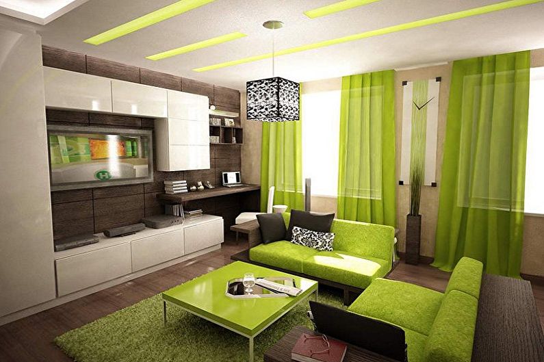 Grön färg i vardagsrummets inre - Färgkombination