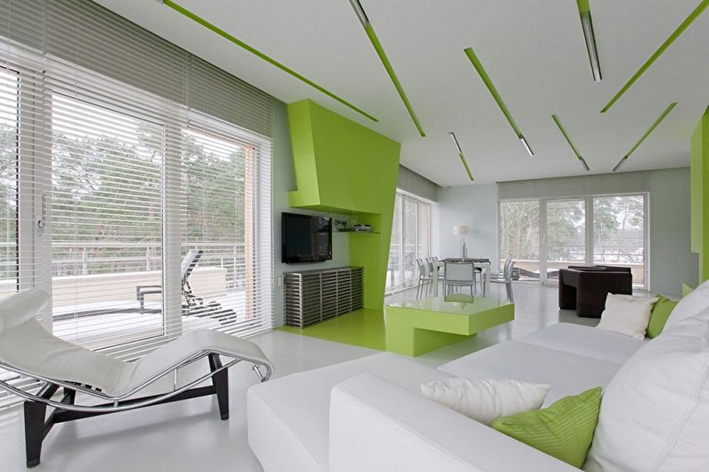 Verde con blanco: la combinación de colores en el interior.