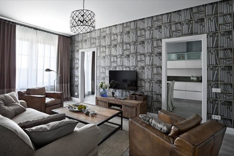Papel pintado gris en la sala de estar - Foto de diseño de interiores