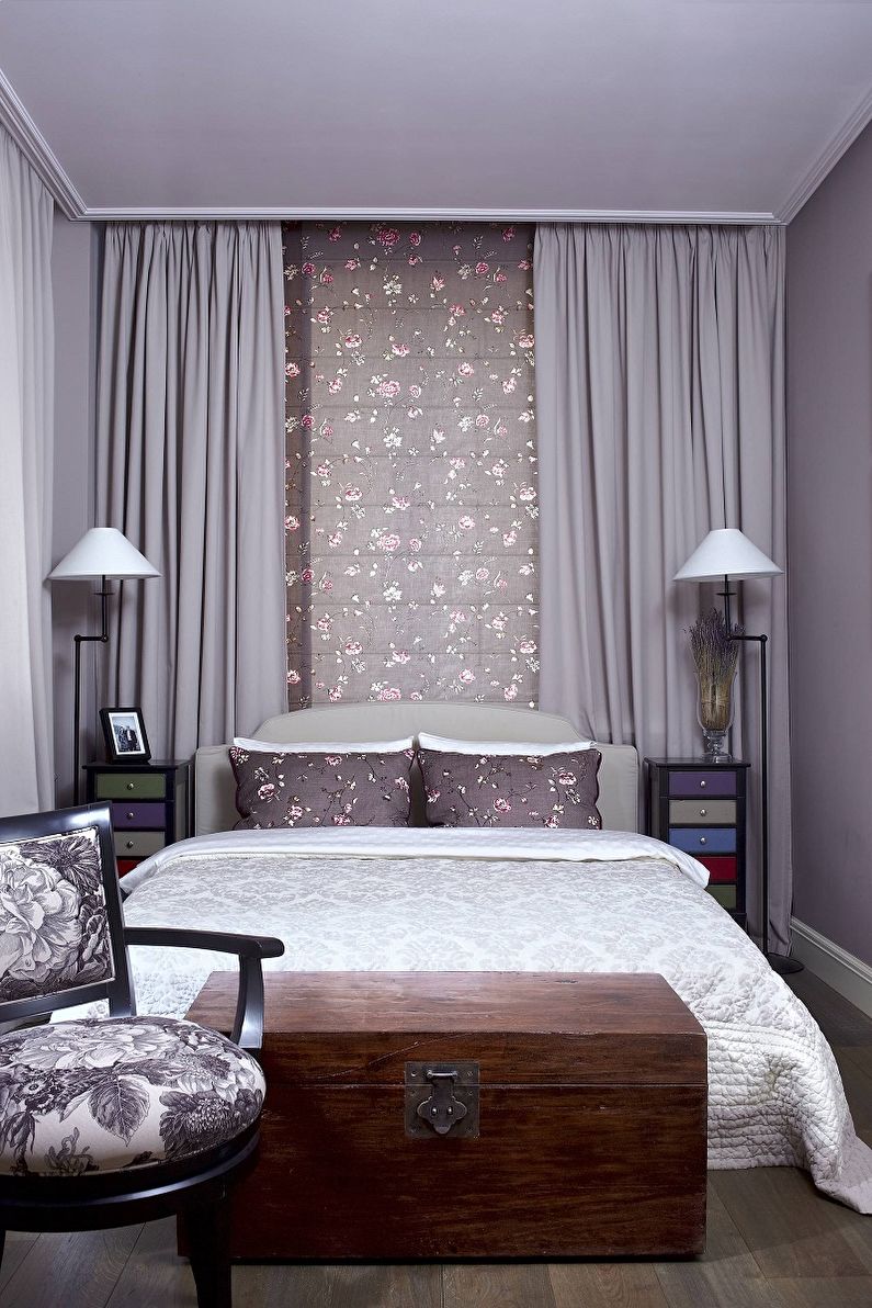 Lila barva v notranjosti spalnice - oblikovanje fotografij