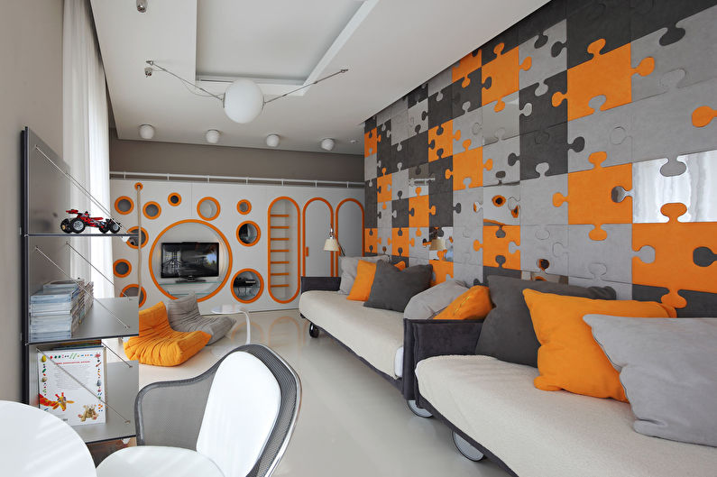 Combinația de culori din interiorul camerei copiilor - gri cu portocaliu