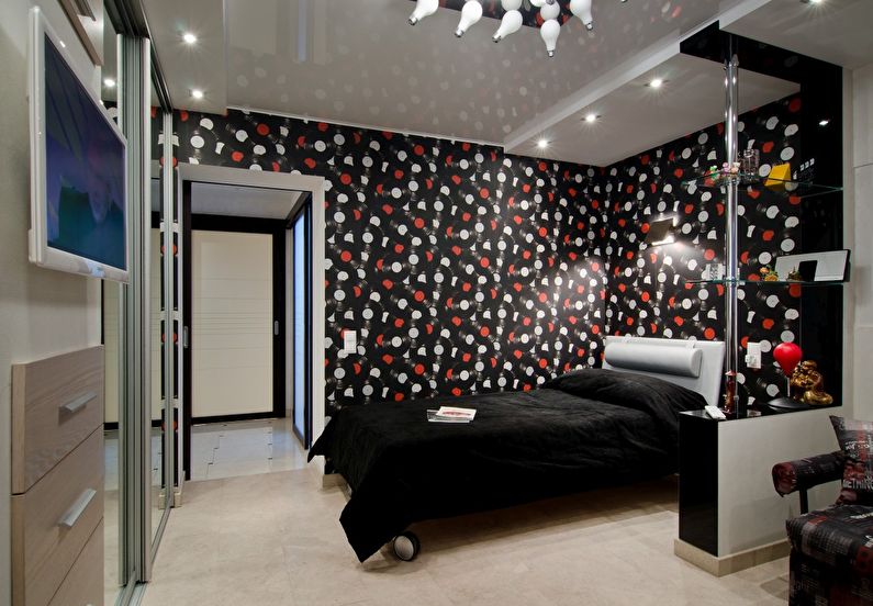 Combinația de culori din interiorul dormitorului - negru cu roșu și alb