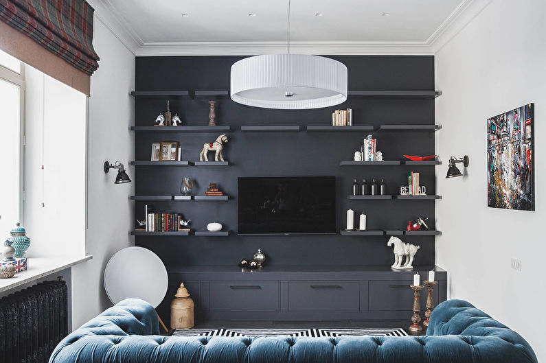 שילוב הצבעים בפנים הסלון - שחור עם כחול ולבן