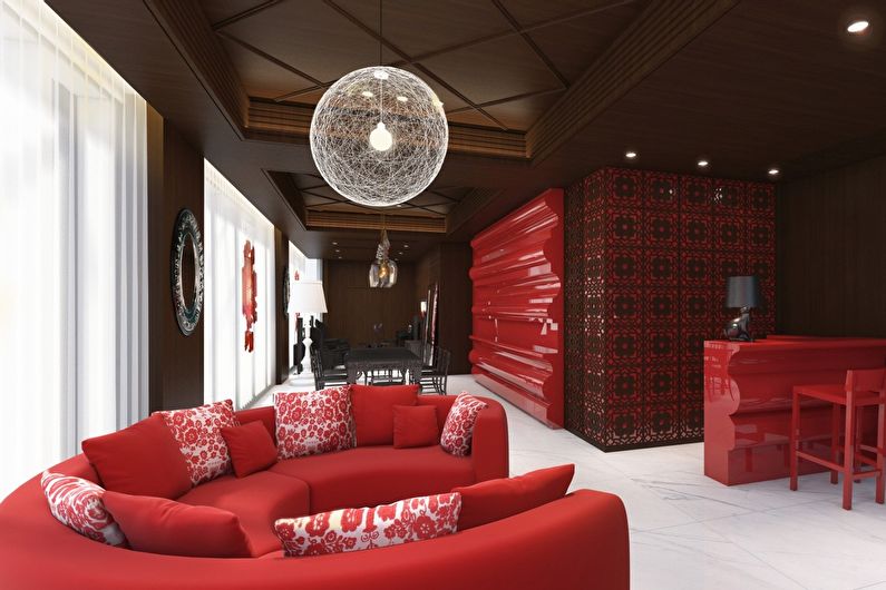 שילוב הצבעים בפנים הסלון - אדום עם חום ולבן