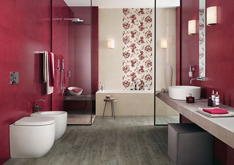 שילוב הצבעים בפנים חדר האמבטיה - אדום עם בז ', אפור ולבן