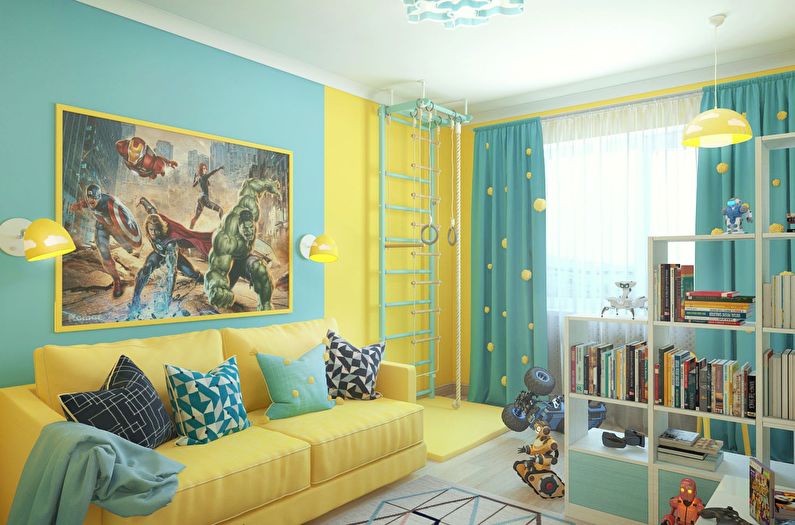 שילוב הצבעים בפנים חדר הילדים - צהוב עם טורקיז