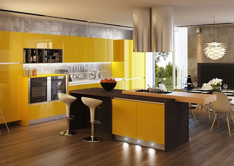 שילוב הצבעים בפנים המטבח - צהוב עם חום, אפור ולבן