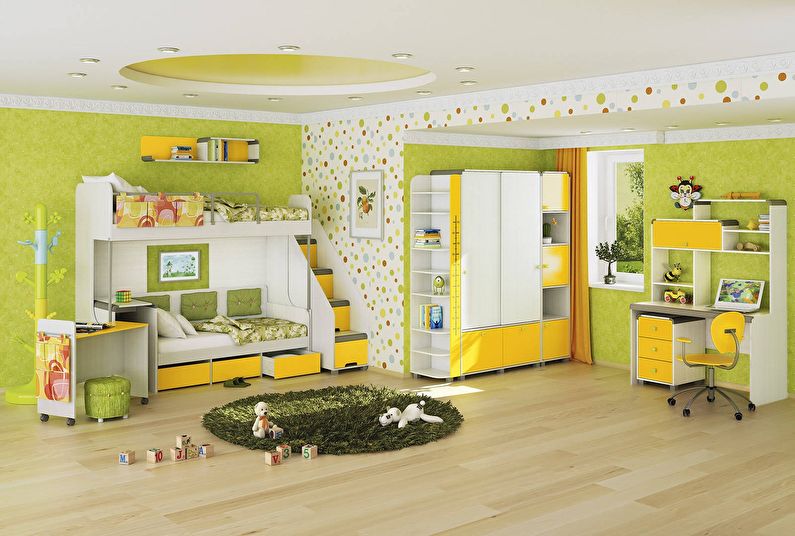Combinația de culori din interiorul camerei copiilor - verde cu galben și alb