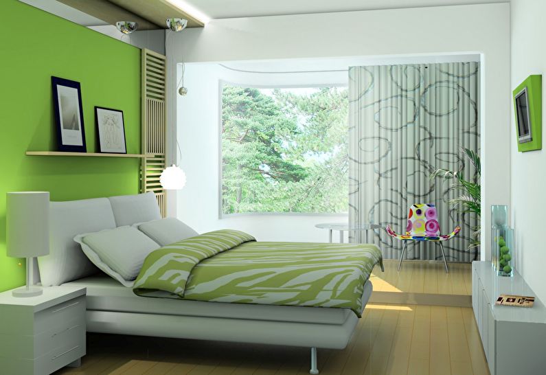 Combinația de culori din interiorul dormitorului - verde și alb