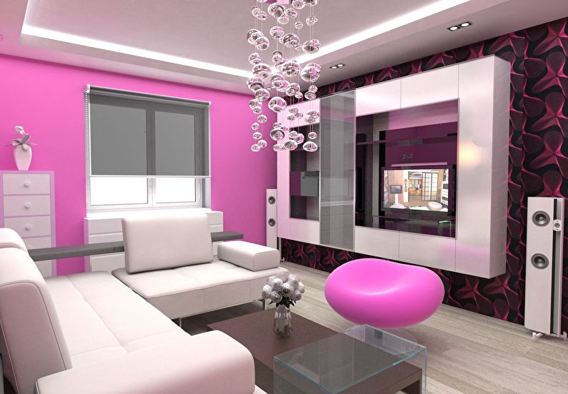 Combinația de culori din interiorul camerei de zi - roz cu alb și negru