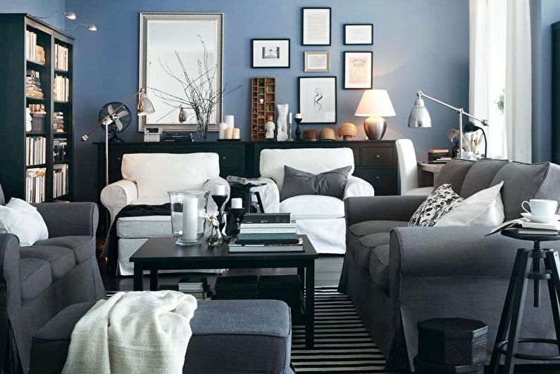 שילוב הצבעים בפנים הסלון - כחול עם אפור