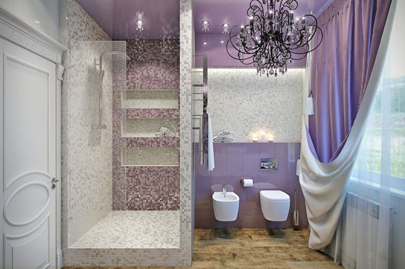 שילוב הצבעים בפנים חדר האמבטיה - סגול עם בז 'ולבן