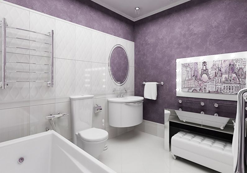 שילוב הצבעים בפנים חדר האמבטיה - סגול עם לבן