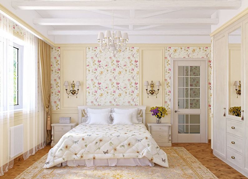 Combinația de culori din interiorul dormitorului - alb cu bej și roz