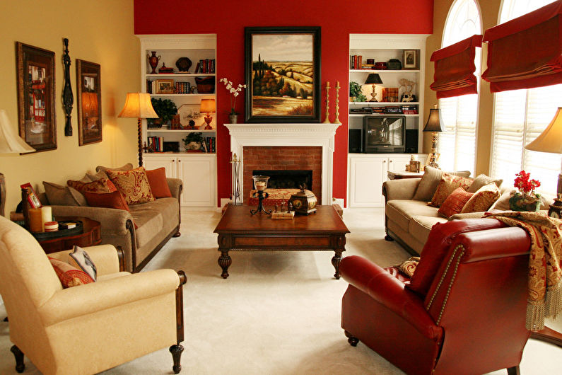 Kombinasjonen av farger i interiøret i stuen - Varme farger