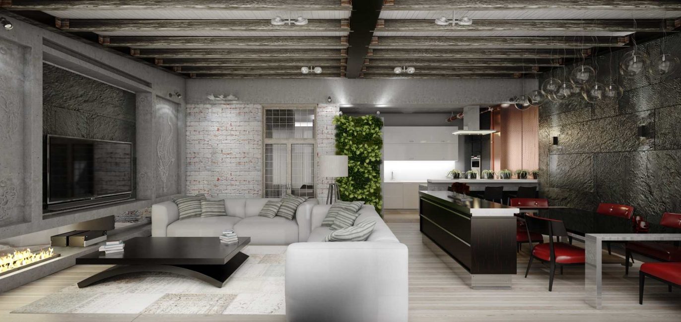 Uma característica de uma sala de estar em estilo loft é a falta de decoração de parede e teto
