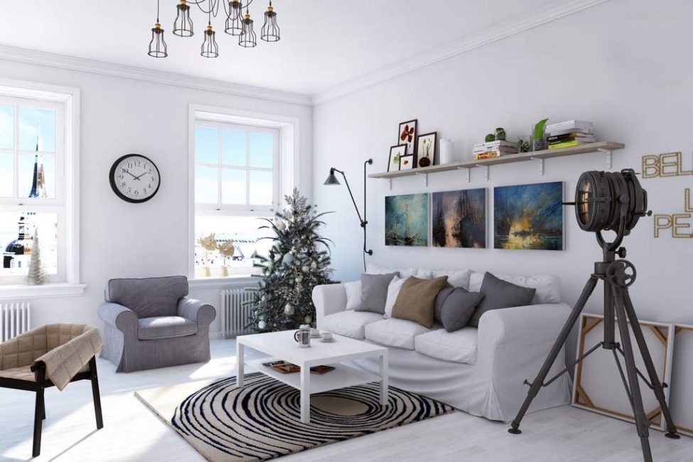 Las paredes de la sala de estar en estilo escandinavo deben ser perfectamente planas.