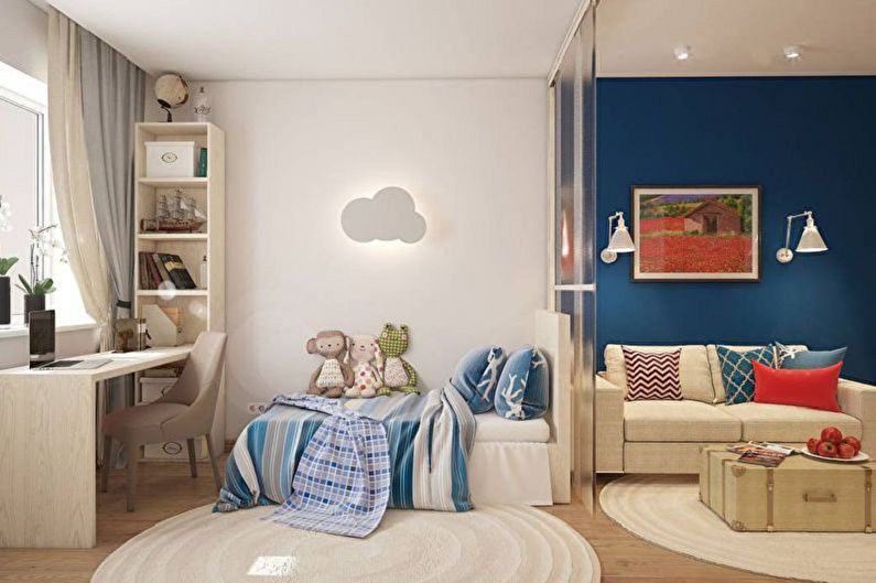 Εσωτερικός σχεδιασμός ενός υπνοδωματίου και ενός παιδικού σταθμού σε ένα δωμάτιο - φωτογραφία