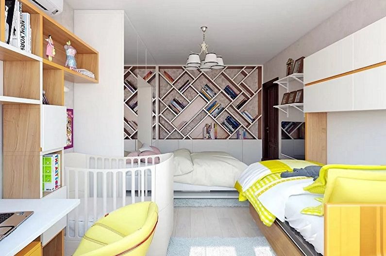 Εσωτερικός σχεδιασμός ενός υπνοδωματίου και ενός παιδικού σταθμού σε ένα δωμάτιο - φωτογραφία