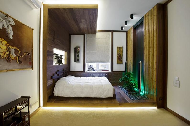 Sovrumsdesign i japansk stil - inredning och belysning
