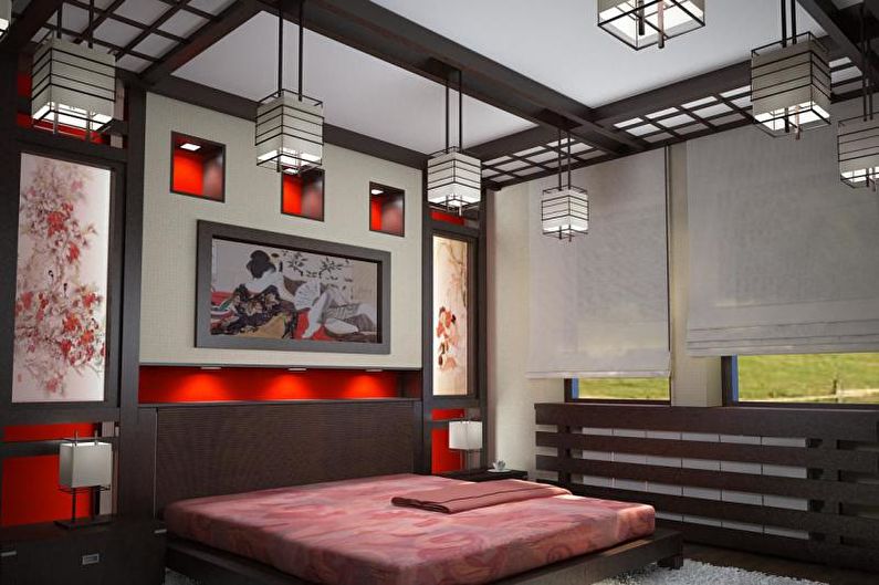 Κόκκινο υπνοδωμάτιο ιαπωνικού στυλ - εσωτερική διακόσμηση