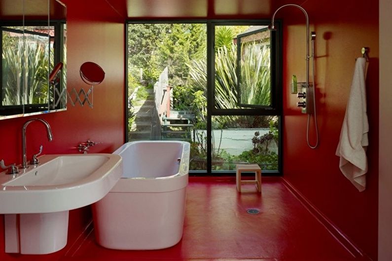 Červená kúpeľňa v štýle minimalizmu - interiérový dizajn