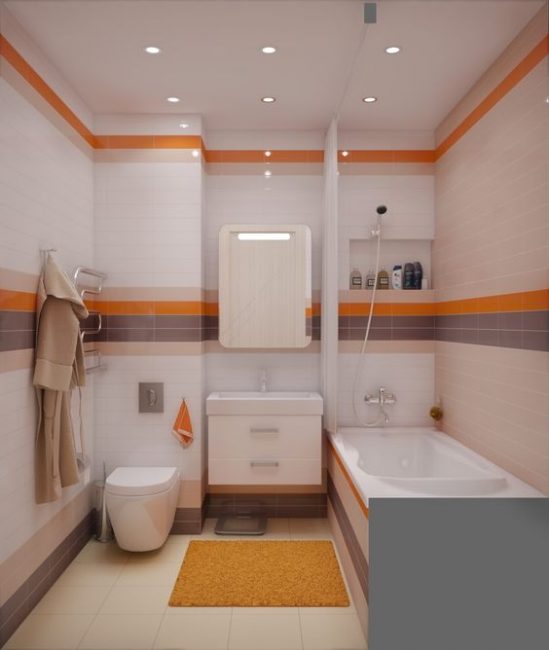 Wyciszony pomarańczowy i fioletowy we wnętrzu łazienki