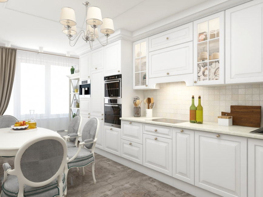 Rett hvitt kjøkken i klassisk stil med innebygde hvitevarer