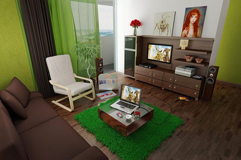 Grön färg i vardagsrummets inre - foto