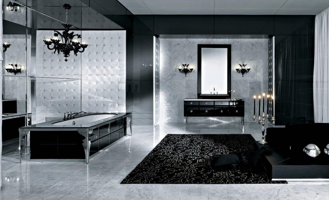 Skrivnostna črna kopalnica z marmornimi poudarki