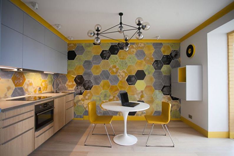 Žltý dizajn kuchyne - dekorácia na stenu